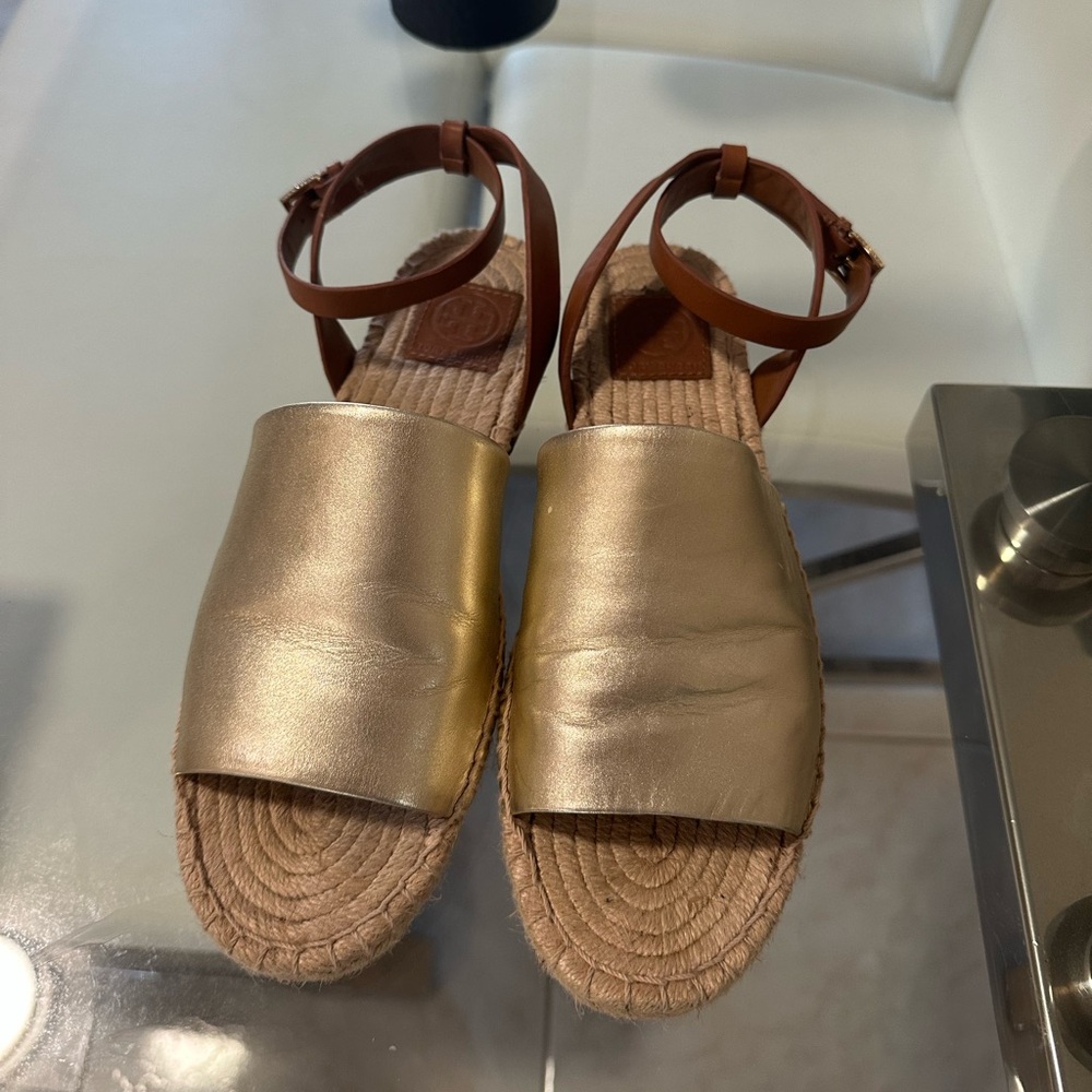 Tory Burch Landon Espadrille Sandals Genuine Leather Strappy Gold Brown 9.5